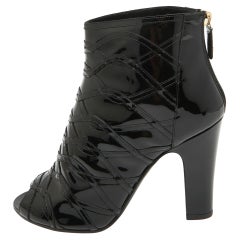 Chanel Black Patent Leather Peep Toe Ankle Booties Size 39.5