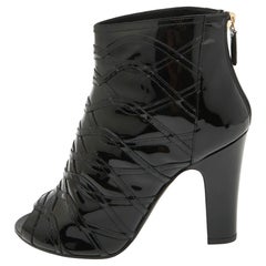 Chanel Black Patent Leather Peep Toe Ankle Booties Size 39.5