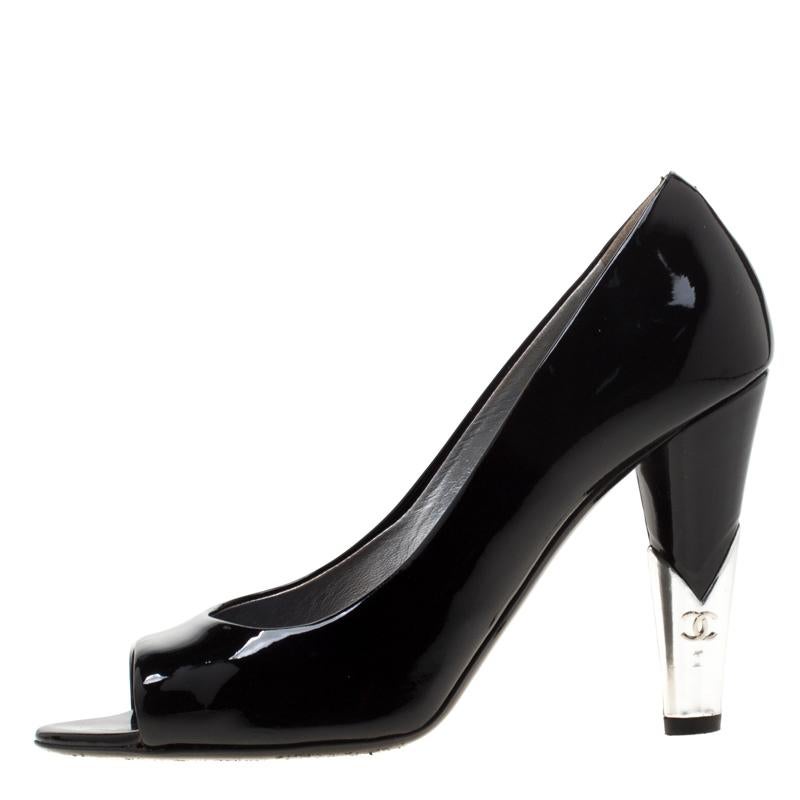 Chanel Black Patent Leather Peep Toe CC Heel Pumps Size 38 2