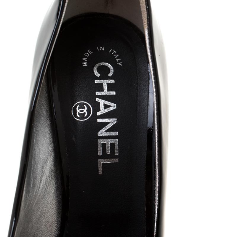 Chanel Black Patent Leather Peep Toe CC Heel Pumps Size 38 3