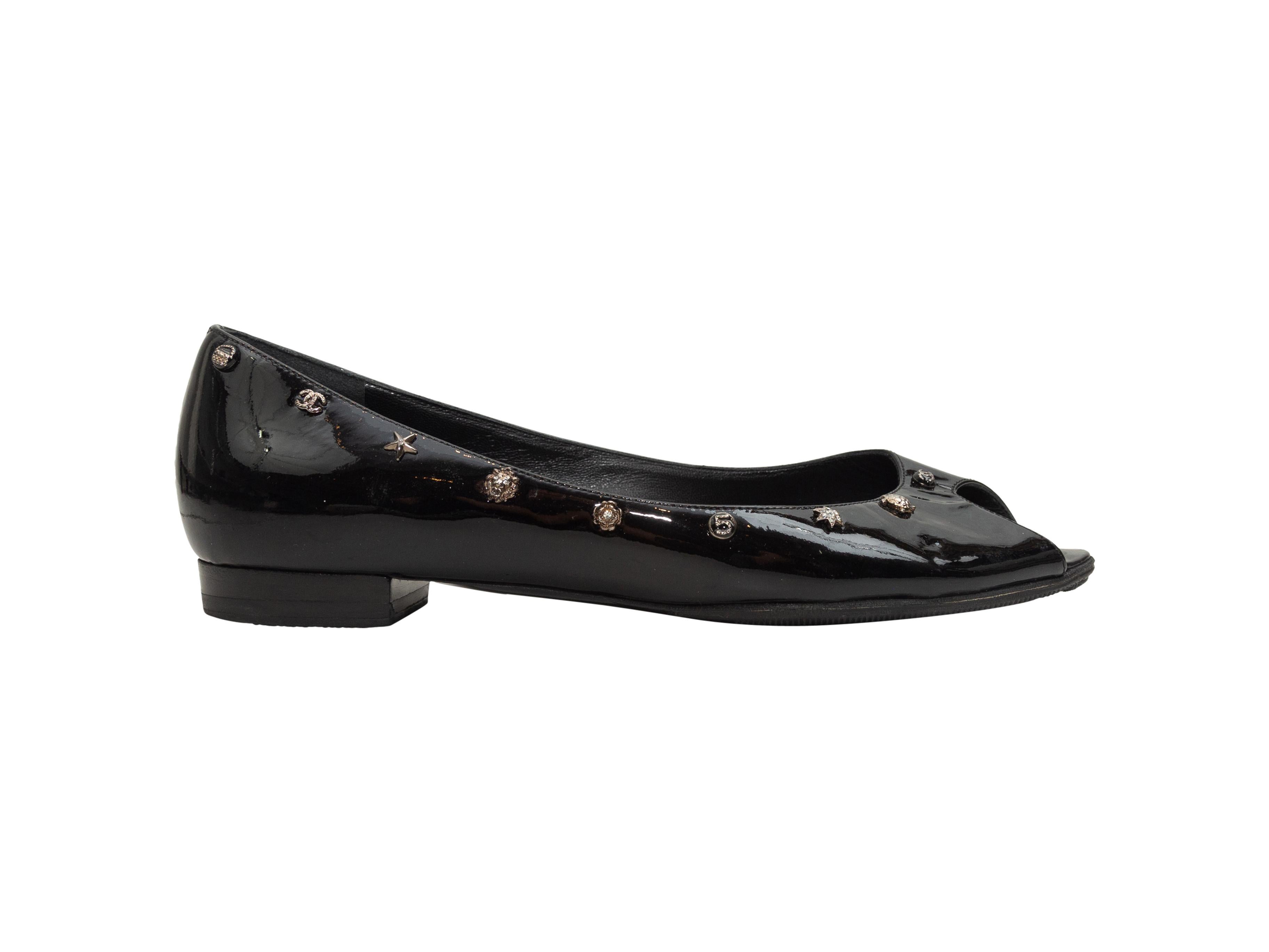 Women's Chanel Black Patent Leather Peep-Toe Flats
