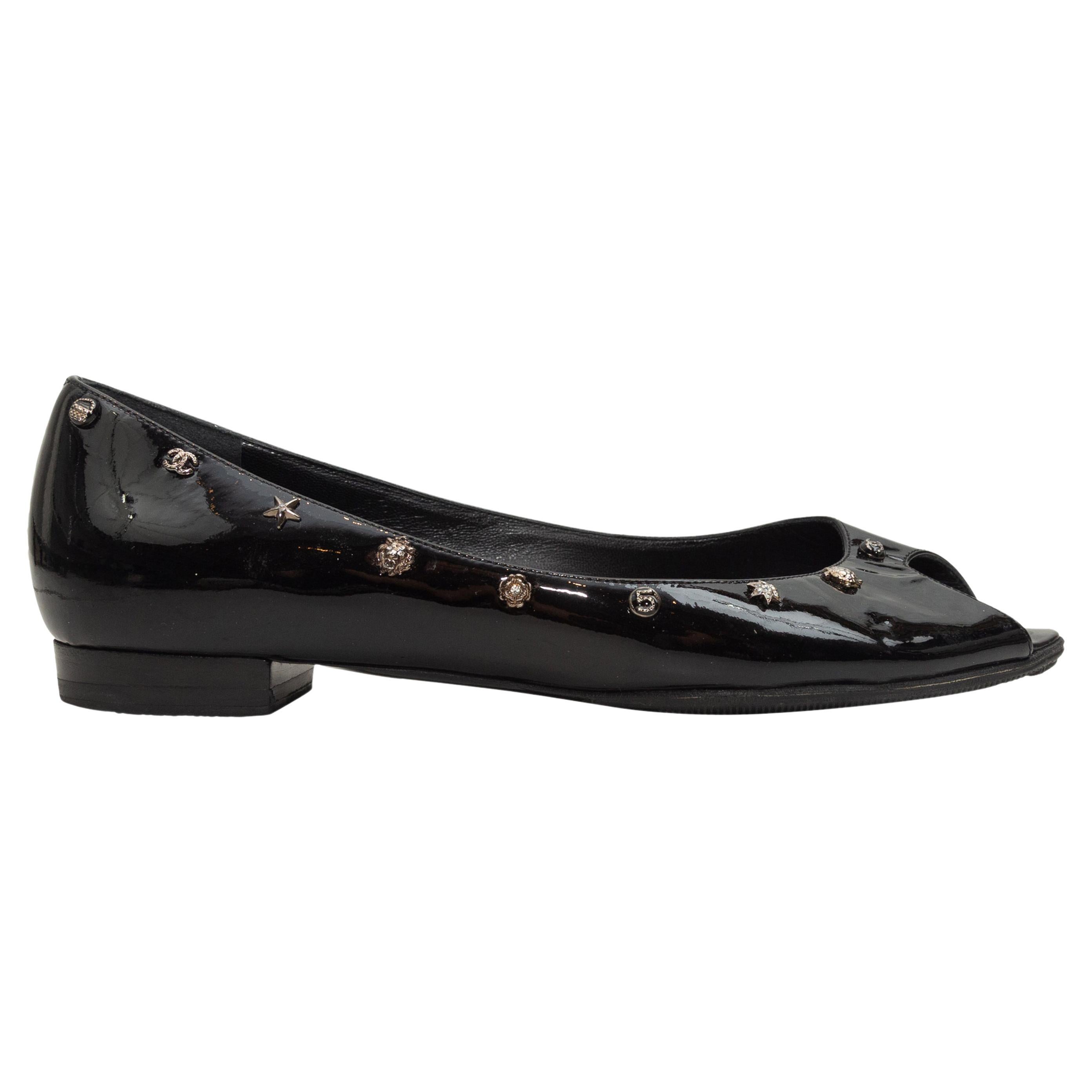 Chanel Black Patent Leather Peep-Toe Flats