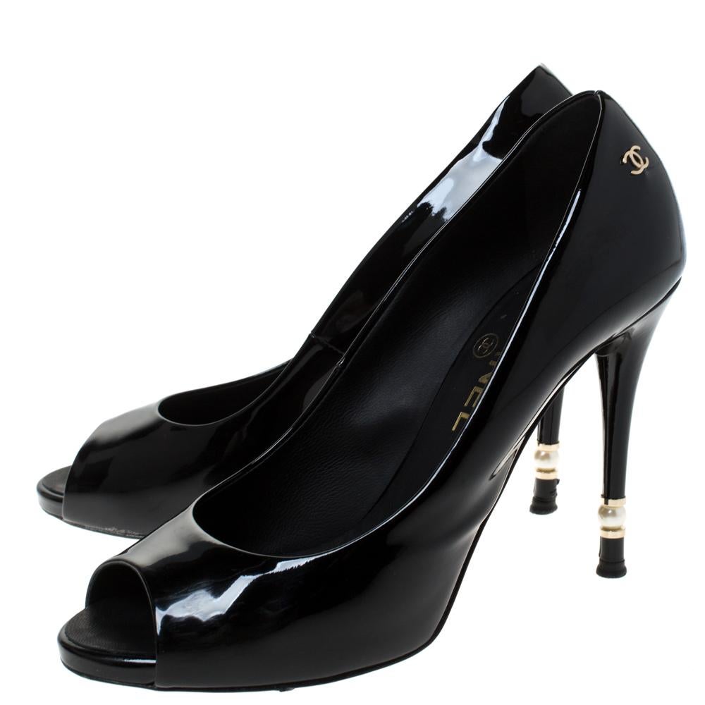 Chanel Black Patent Leather Peep Toe Pumps Size 38.5 3