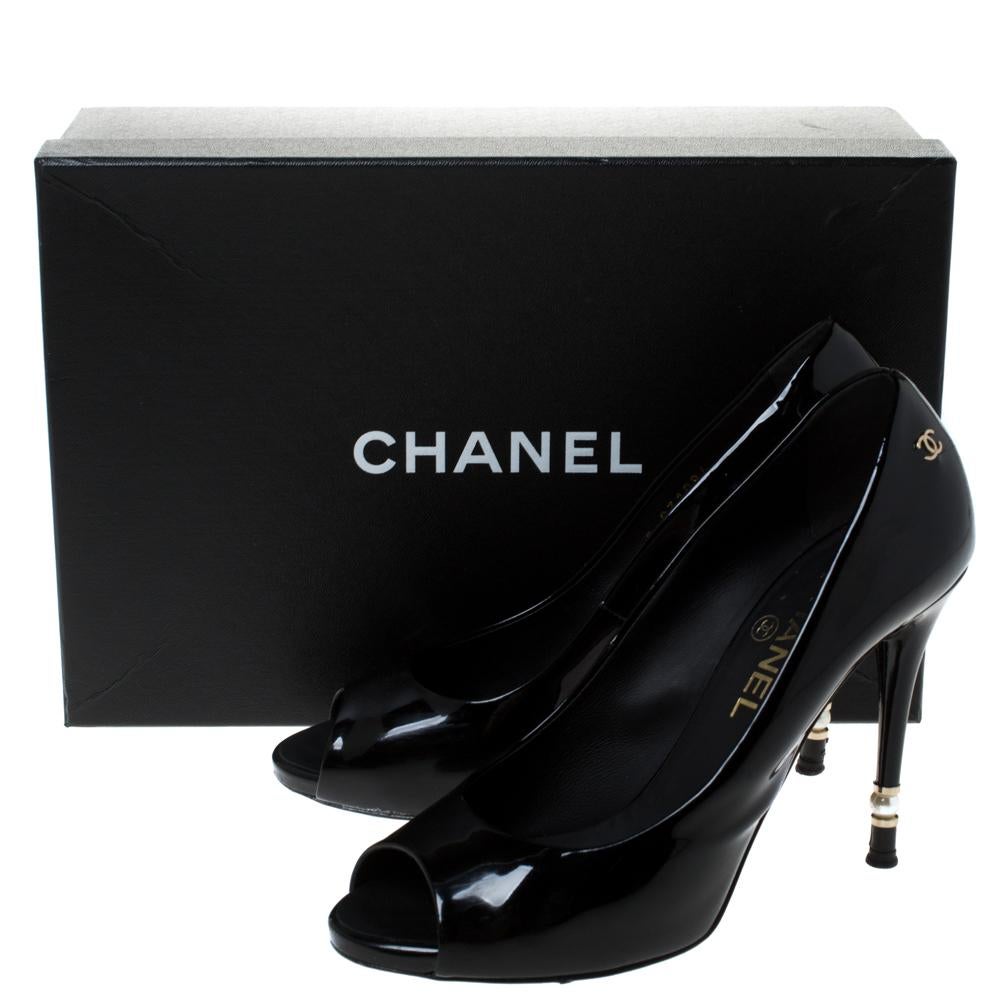 Chanel Black Patent Leather Peep Toe Pumps Size 38.5 4