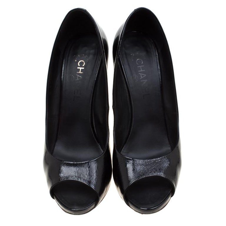 Chanel Black Patent Leather Peep Toe Pumps Size 40.5 For Sale at 1stDibs