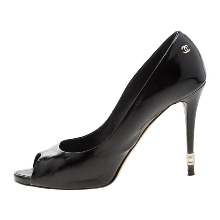 Chanel Black Patent Leather Peep Toe Pumps Size 40.5 For Sale at 1stDibs