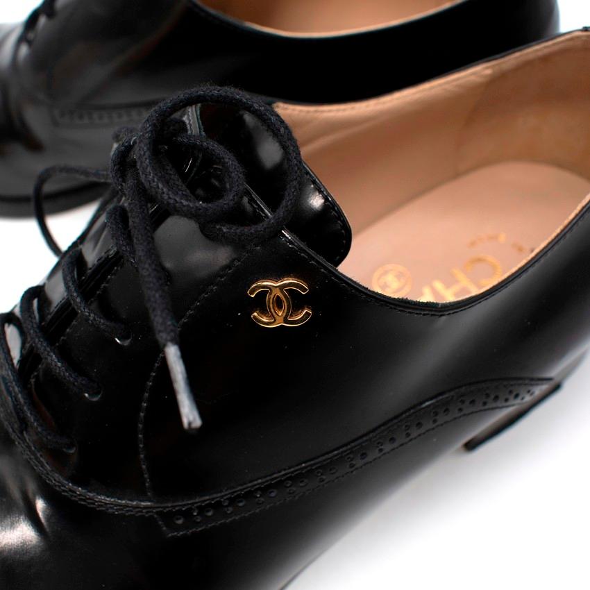 Chanel Black Patent Leather Point Toe Lace Up Loafers For Sale 1