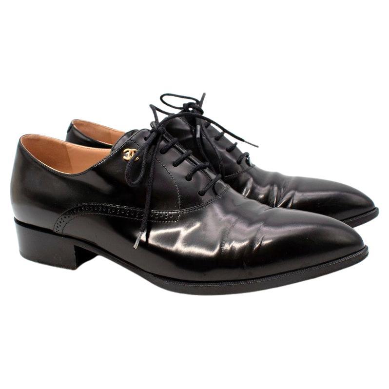 Chanel Black Patent Leather Point Toe Lace Up Loafers For Sale