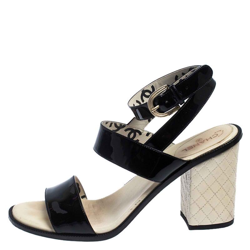 Chanel Black Patent Leather Quilted CC Ankle Strap Sandals Size 39 1