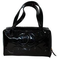 Chanel Black Patent Leather Quilted CC Logo Handbag