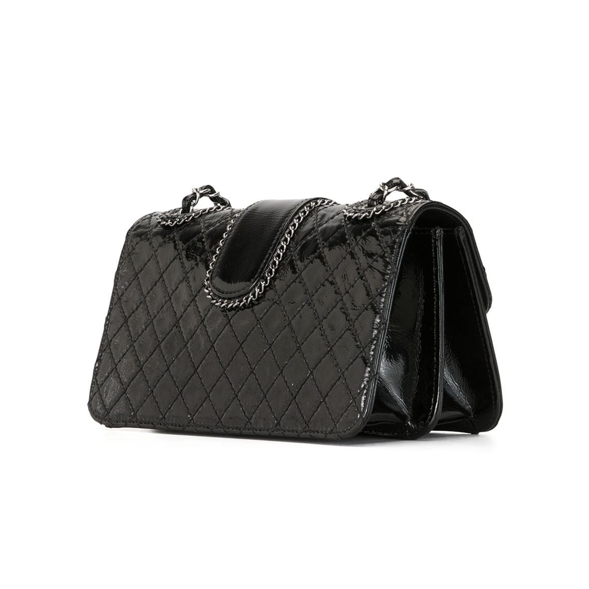 Chanel Black Patent Leather Quilted Double Chain Shoulder Bag For Sale 2