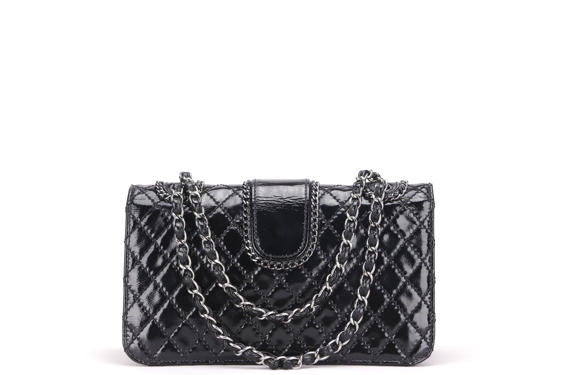 Chanel Black Patent Leather Quilted Double Chain Shoulder Bag For Sale 3