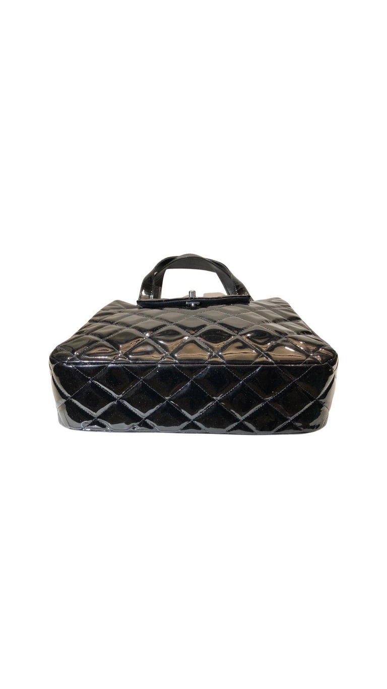 Chanel Black Patent Leather Quilted Silver 