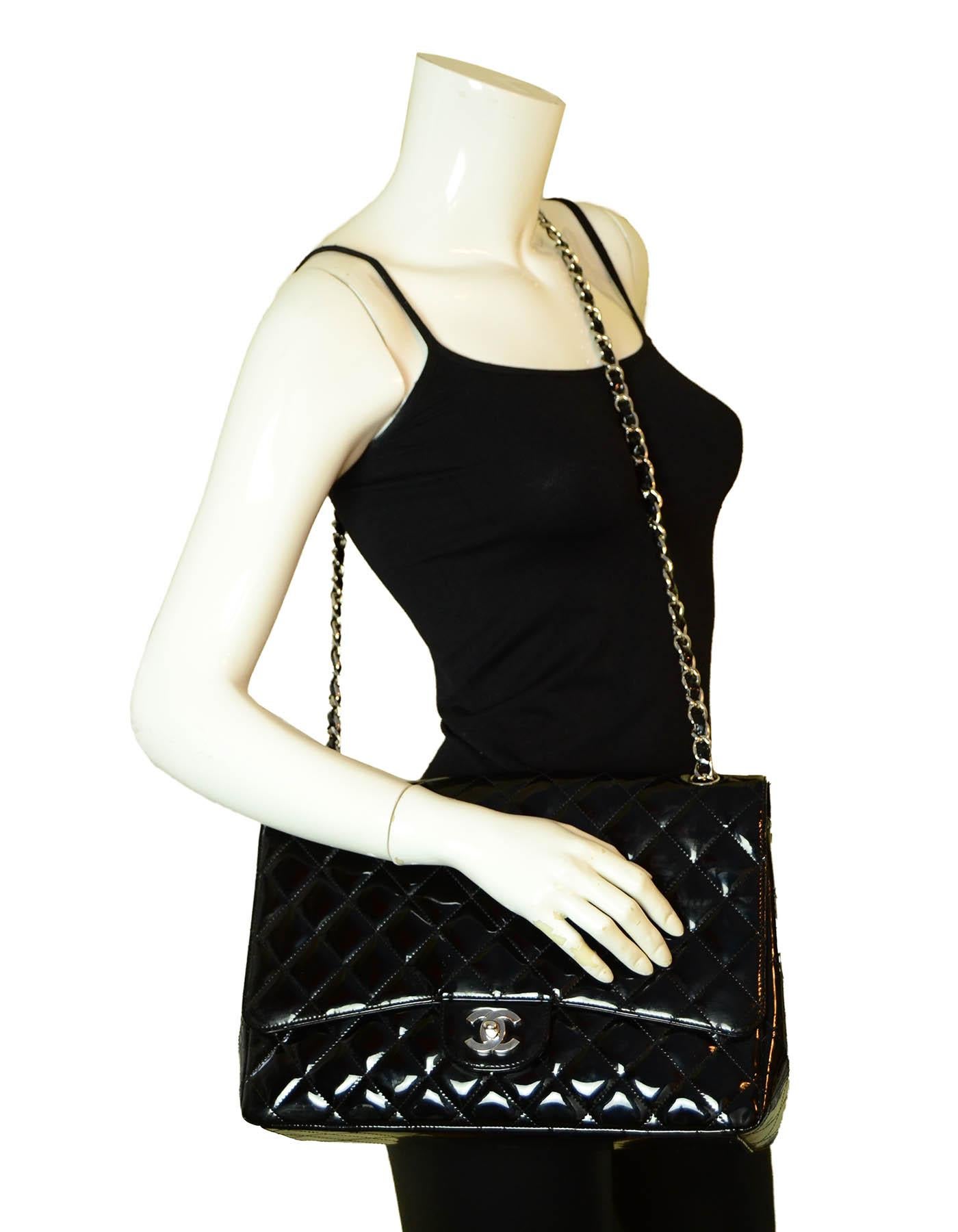 Chanel Black Patent Leather Quilted Single Flap Maxi Classic Bag In Excellent Condition In New York, NY