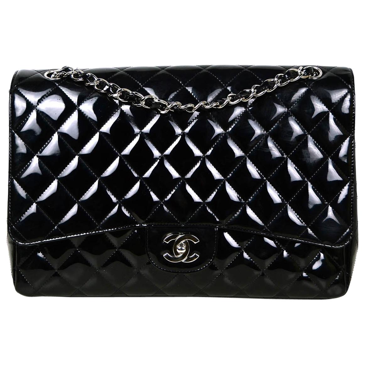Chanel Black Patent Leather Quilted Single Flap Maxi Classic Bag