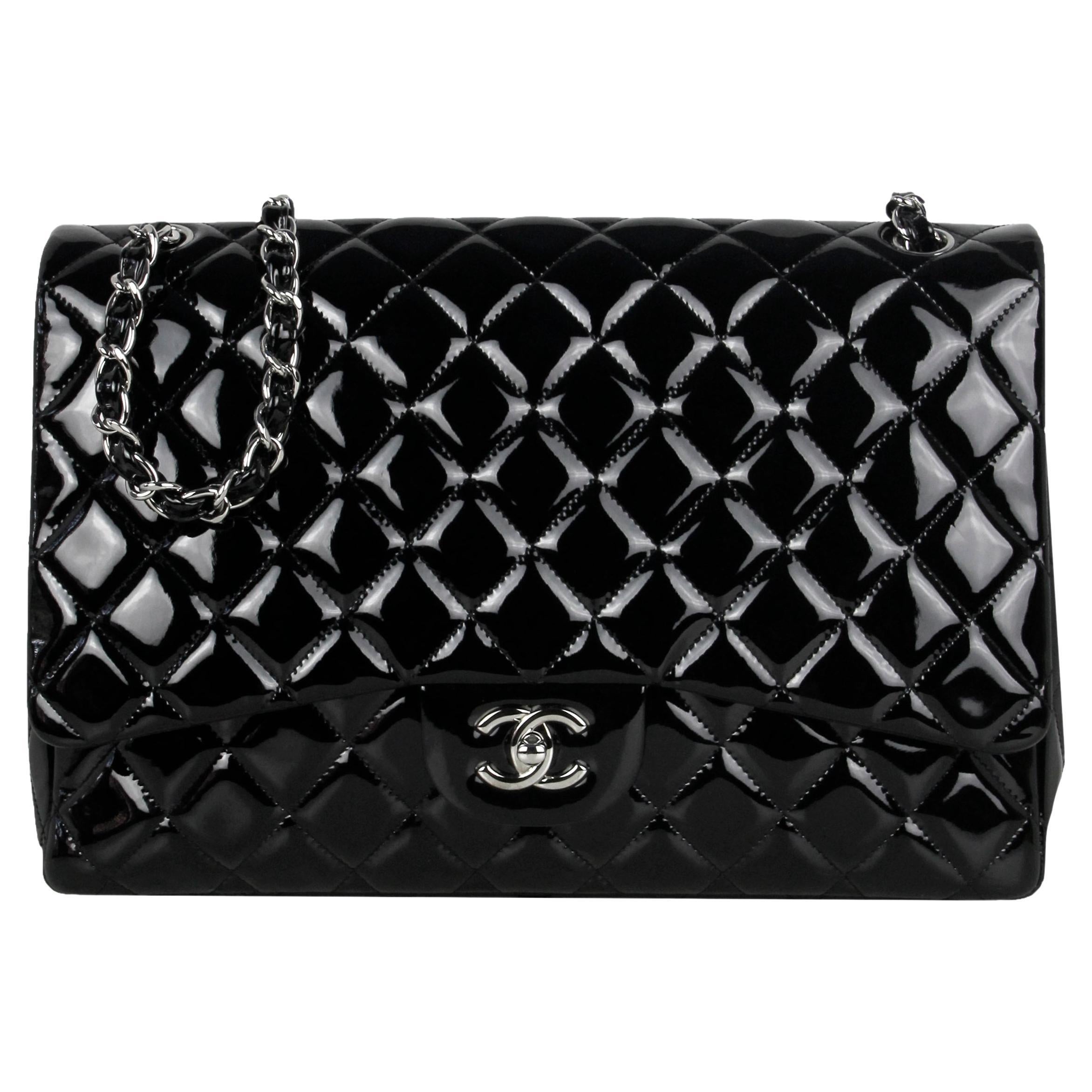 Chanel Black Patent Leather Quilted Single Flap Maxi Classic Bag For Sale