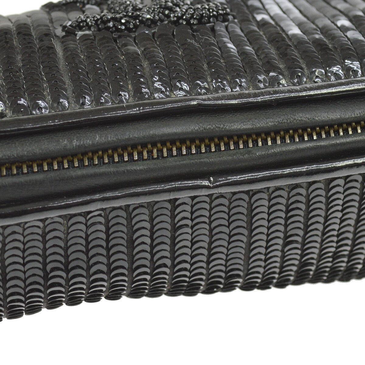Chanel Black Patent Leather Sequin Bead Mini Small Baguette Clutch Evening Bag In Good Condition In Chicago, IL