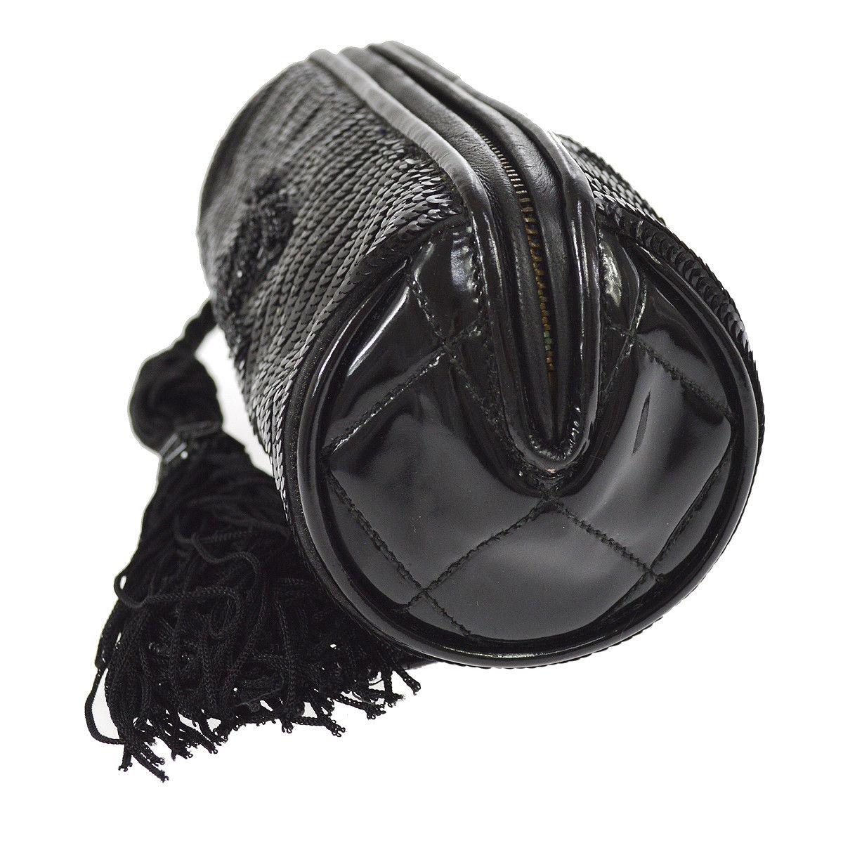 Women's Chanel Black Patent Leather Sequin Bead Mini Small Baguette Clutch Evening Bag