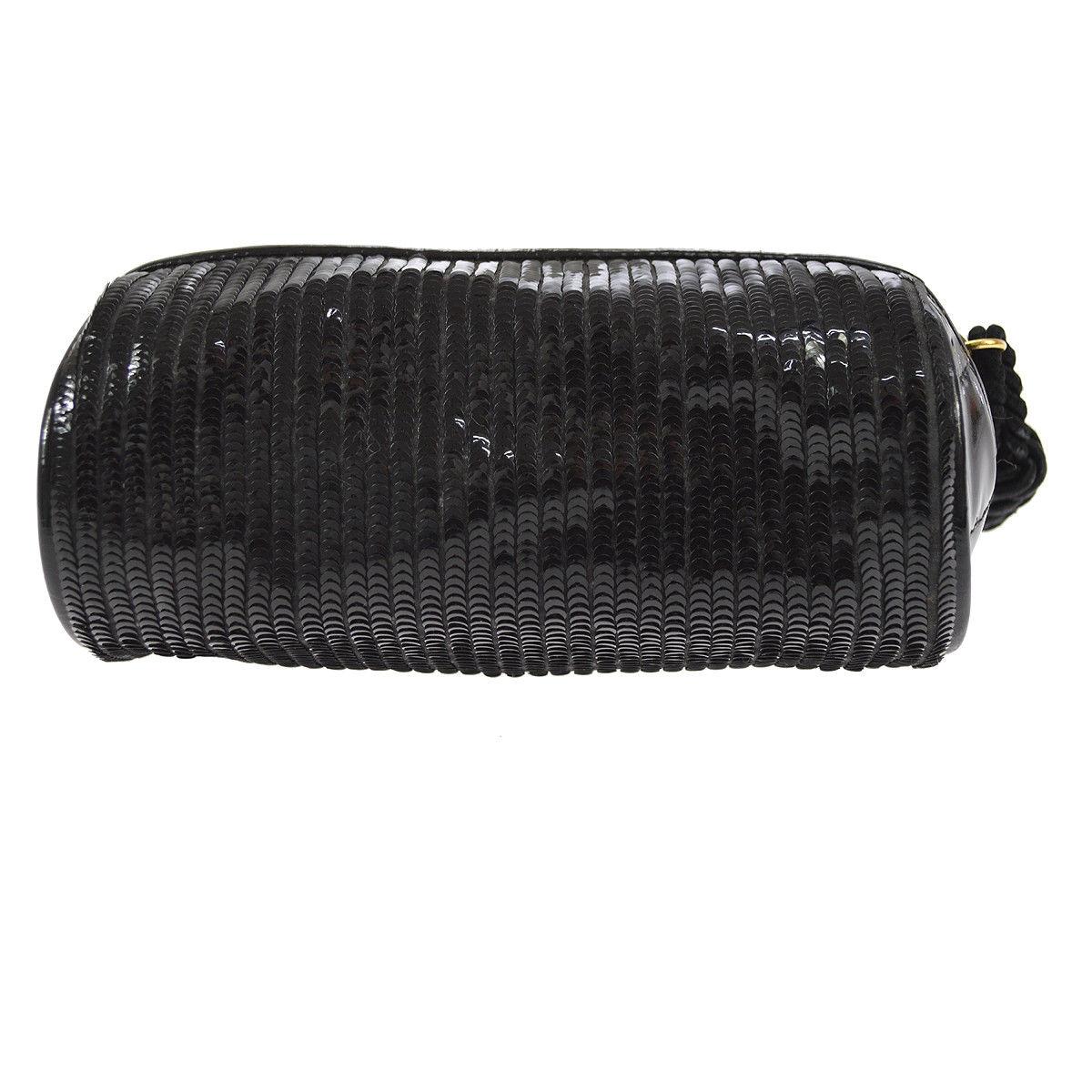 Chanel Black Patent Leather Sequin Bead Mini Small Baguette Clutch Evening Bag 1