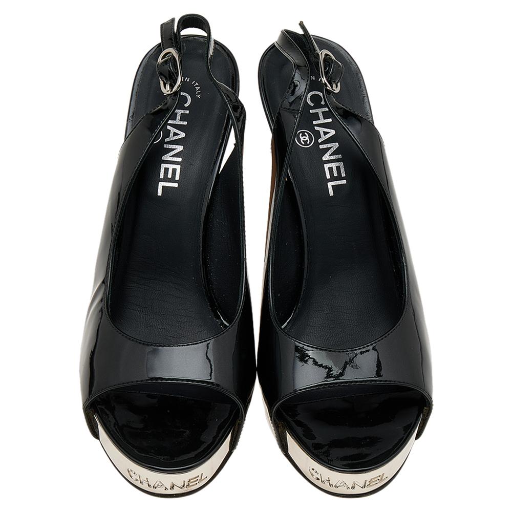 Chanel Black Patent Leather Slingback Platform Sandals Size 38.5 1