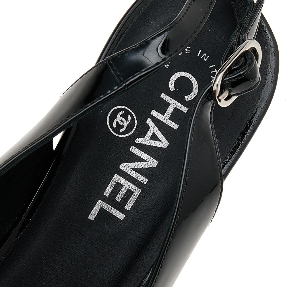 Chanel Black Patent Leather Slingback Platform Sandals Size 38.5 2