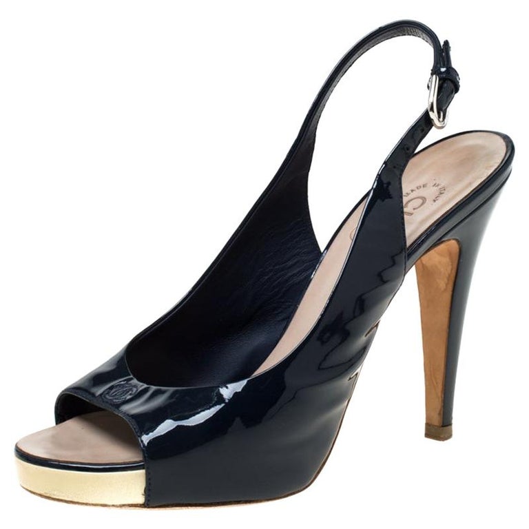Chanel Black Patent Leather Slingback Platform Sandals Size 38.5 For ...