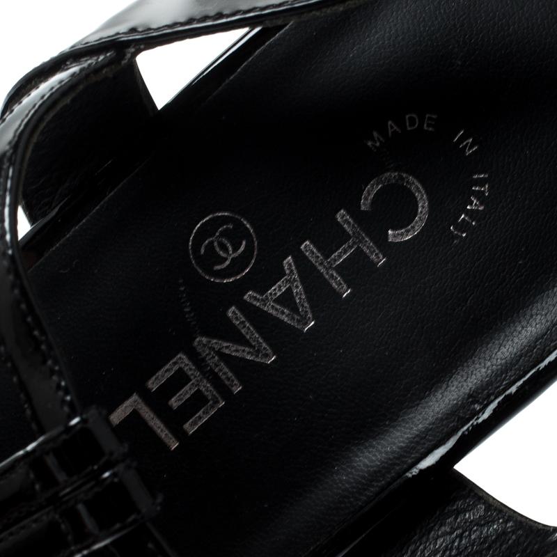 Chanel Black Patent Leather T-Strap CC Logo Wedge Platform Sandals Size 40 1