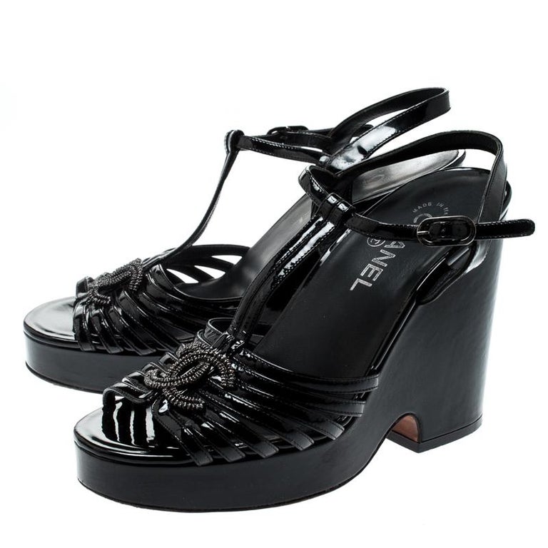 Chanel Black Patent Leather T-Strap CC Logo Wedge Platform Sandals