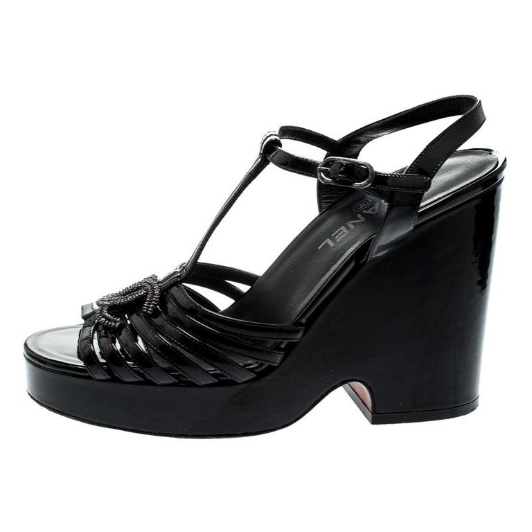 Chanel Black Patent Leather T-Strap CC Logo Wedge Platform Sandals Size 40  at 1stDibs | chanel sandals black