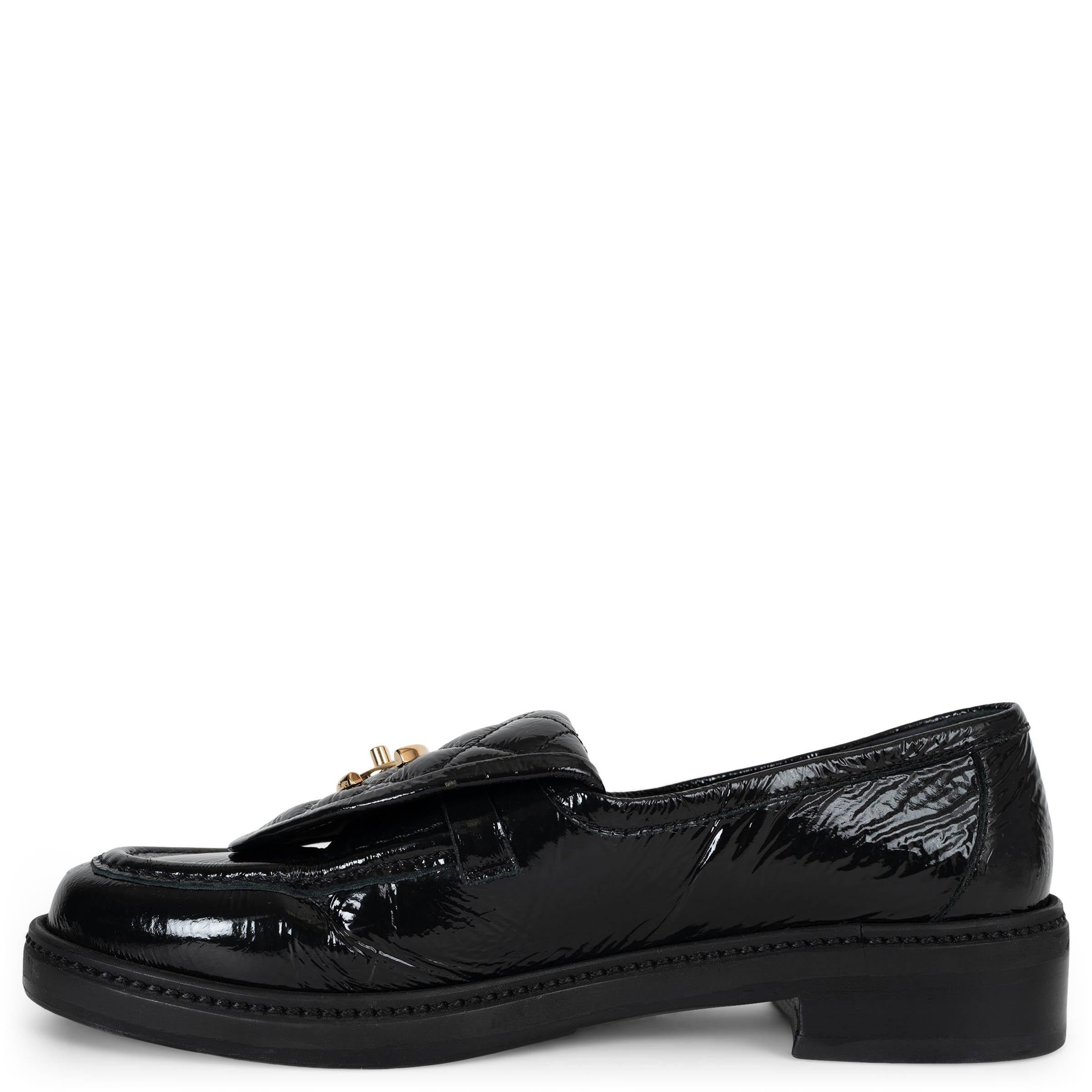 Black CHANEL black patent leather TURNLOCK Loafers Flats Shoes 38.5
