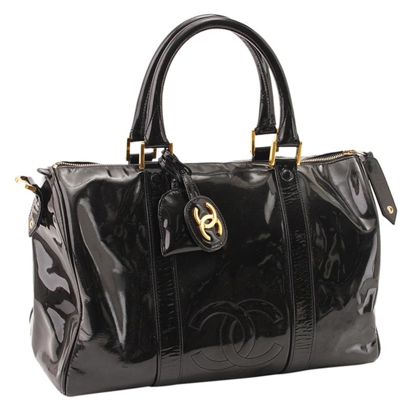 Chanel Black Patent Leather Vintage CC Boston Bag In Fair Condition In Dubai, Al Qouz 2