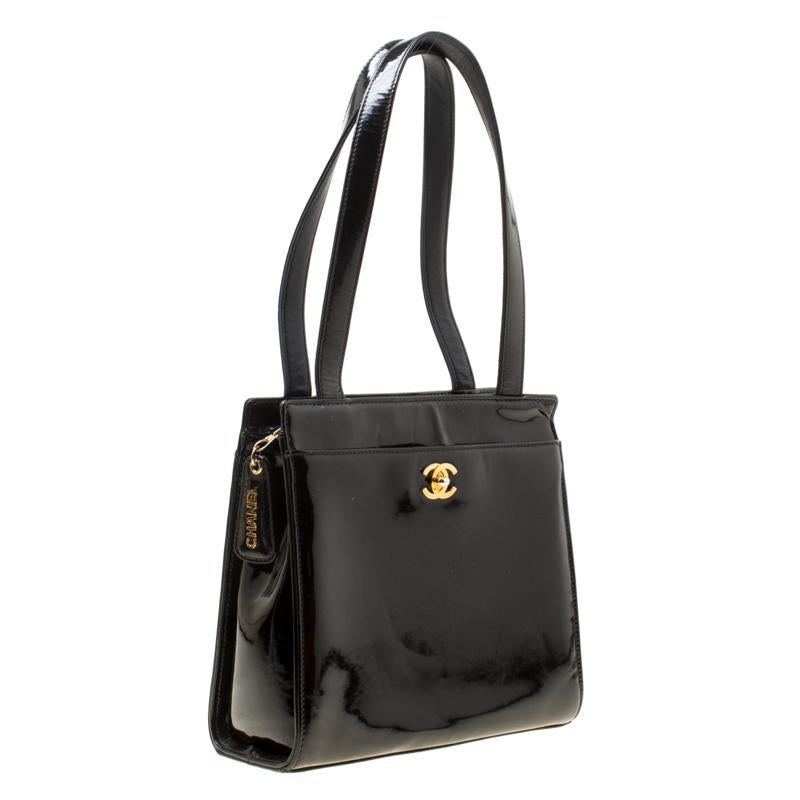 chanel black patent leather tote bag