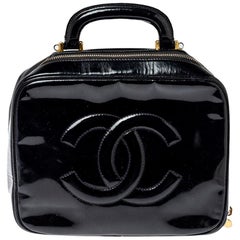 Chanel Black Patent Leather Vintage CC Vanity Case Top Handle Bag at 1stDibs