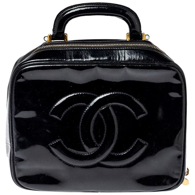 Chanel Black Patent Leather Vintage CC Vanity Case Top Handle Bag at  1stDibs