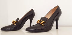 Chanel Black Patent Leather with braided Gold Chain Heels. Size 40 1/2