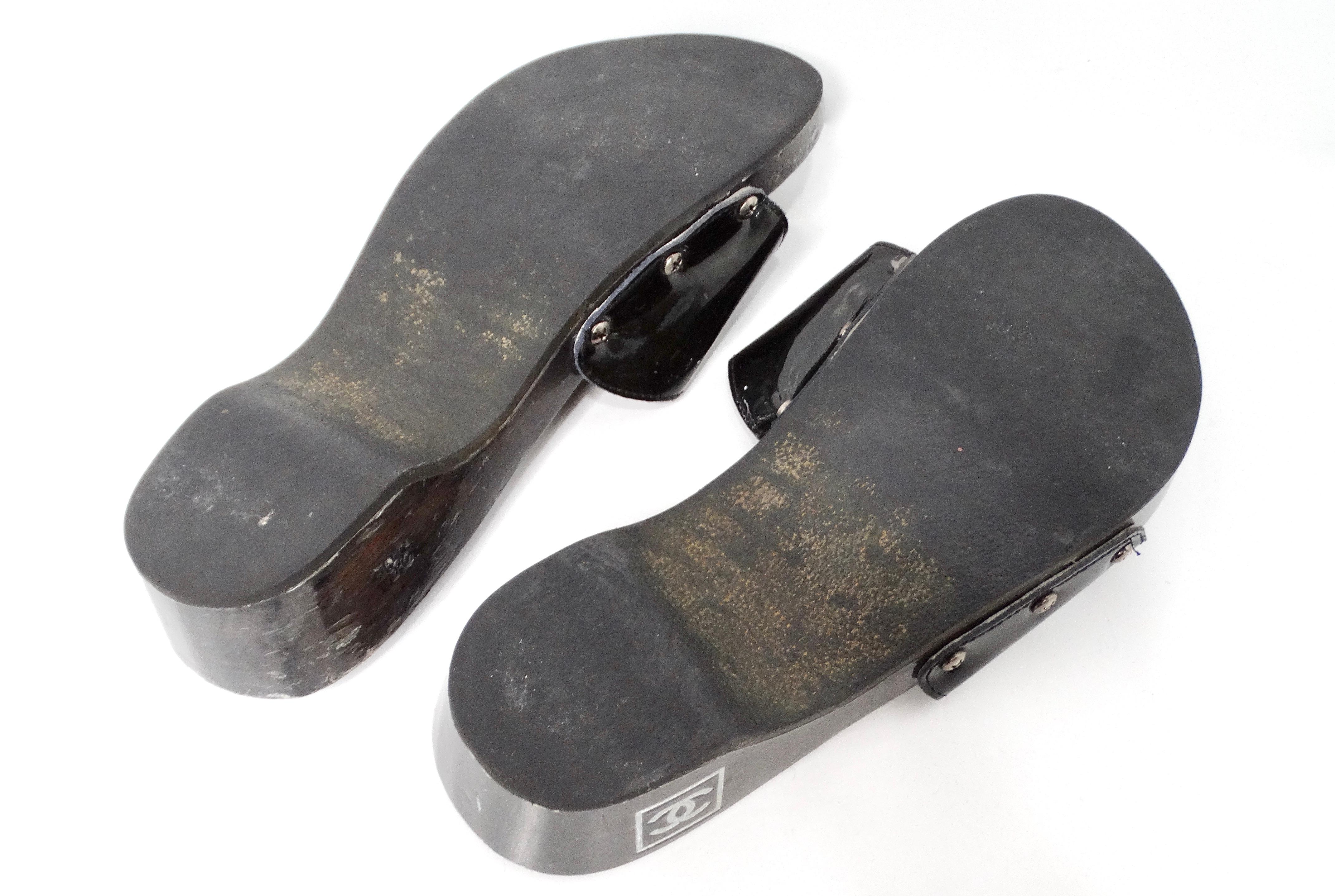 Chanel Black Patent Leather & Wood Clog Slides circa Y2K For Sale 7