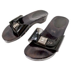 Chanel Black Patent Leather & Wood Clog Slides circa Y2K