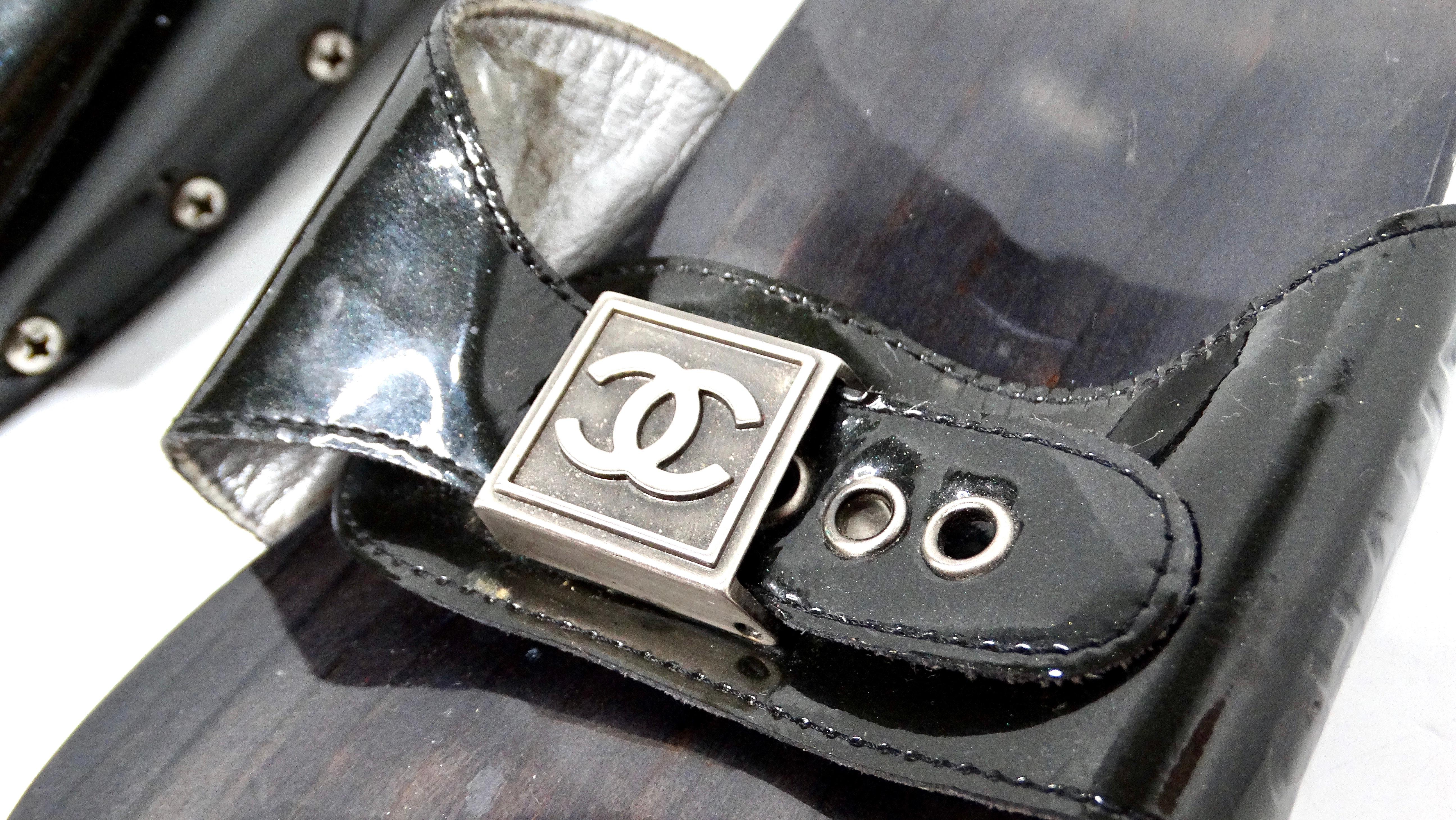 Chanel Black Patent Leather & Wood Clog Slides circa Y2K In Fair Condition For Sale In Scottsdale, AZ