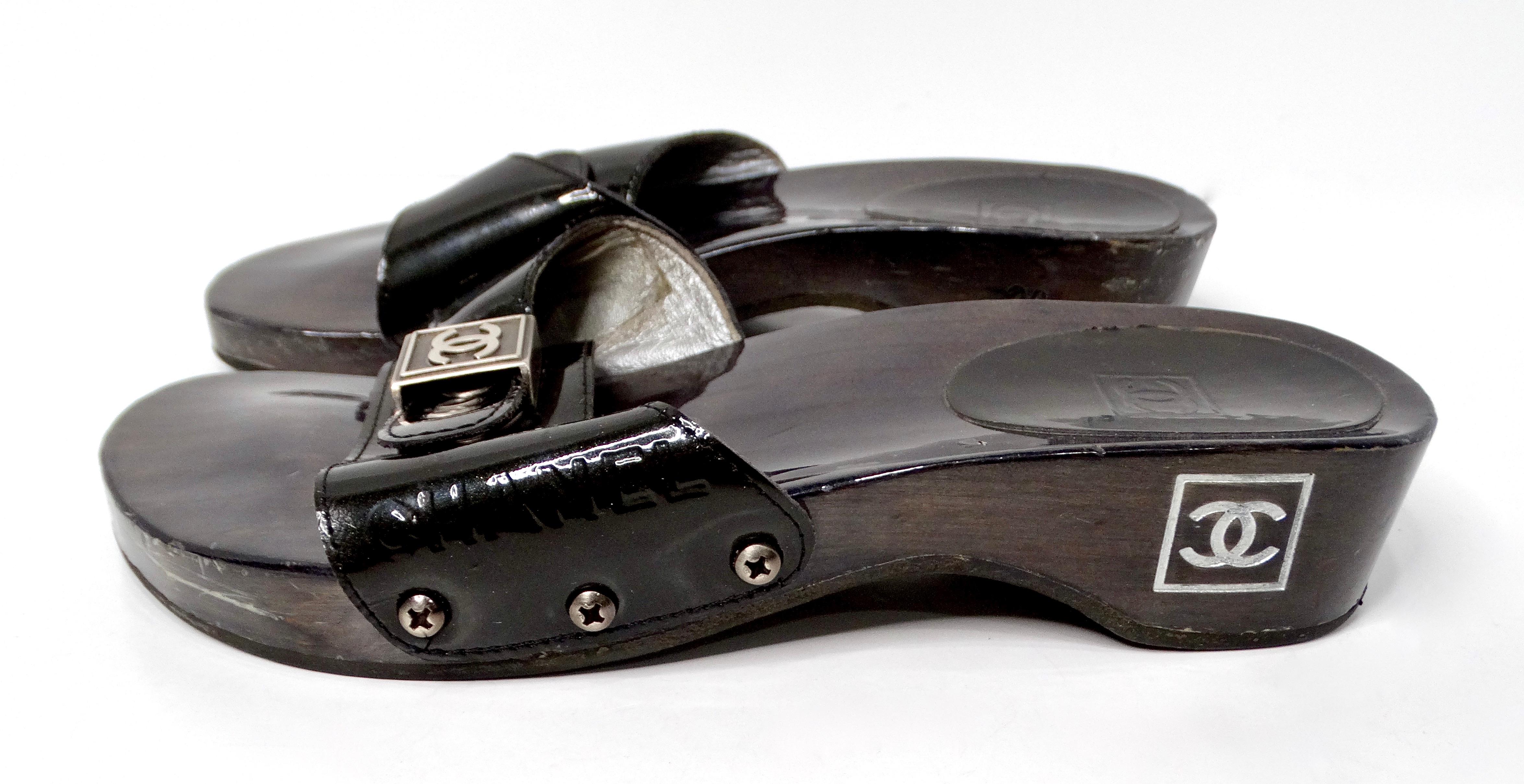 Chanel Black Patent Leather & Wood Clog Slides circa Y2K For Sale 1