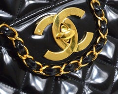 CHANEL Black Patent Leather Wrap Chain Gold Maxi Evening Shoulder Flap Bag