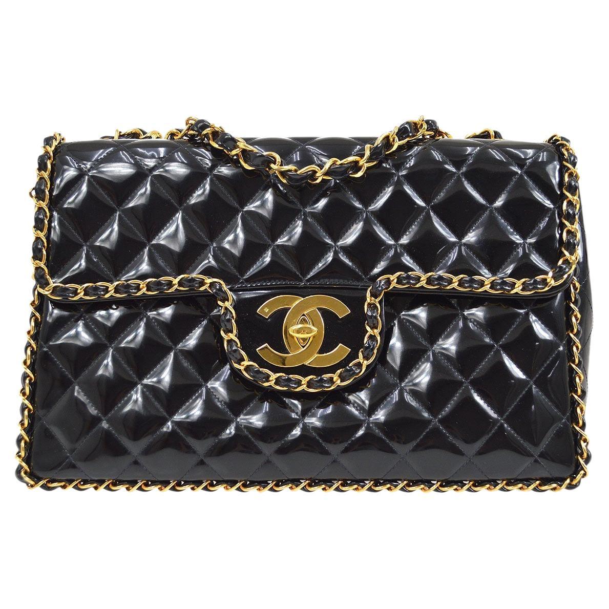 CHANEL Black Patent Leather Wrap Chain Gold Maxi Evening Shoulder Flap Bag For Sale