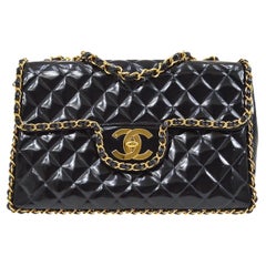 CHANEL Black Patent Leather Wrap Chain Gold Maxi Evening Shoulder Flap Bag
