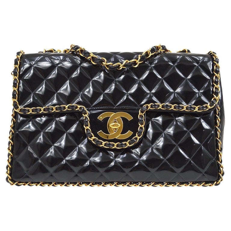 Chanel Vintage Clear Quilted Vinyl And Black Patent Leather Maxi