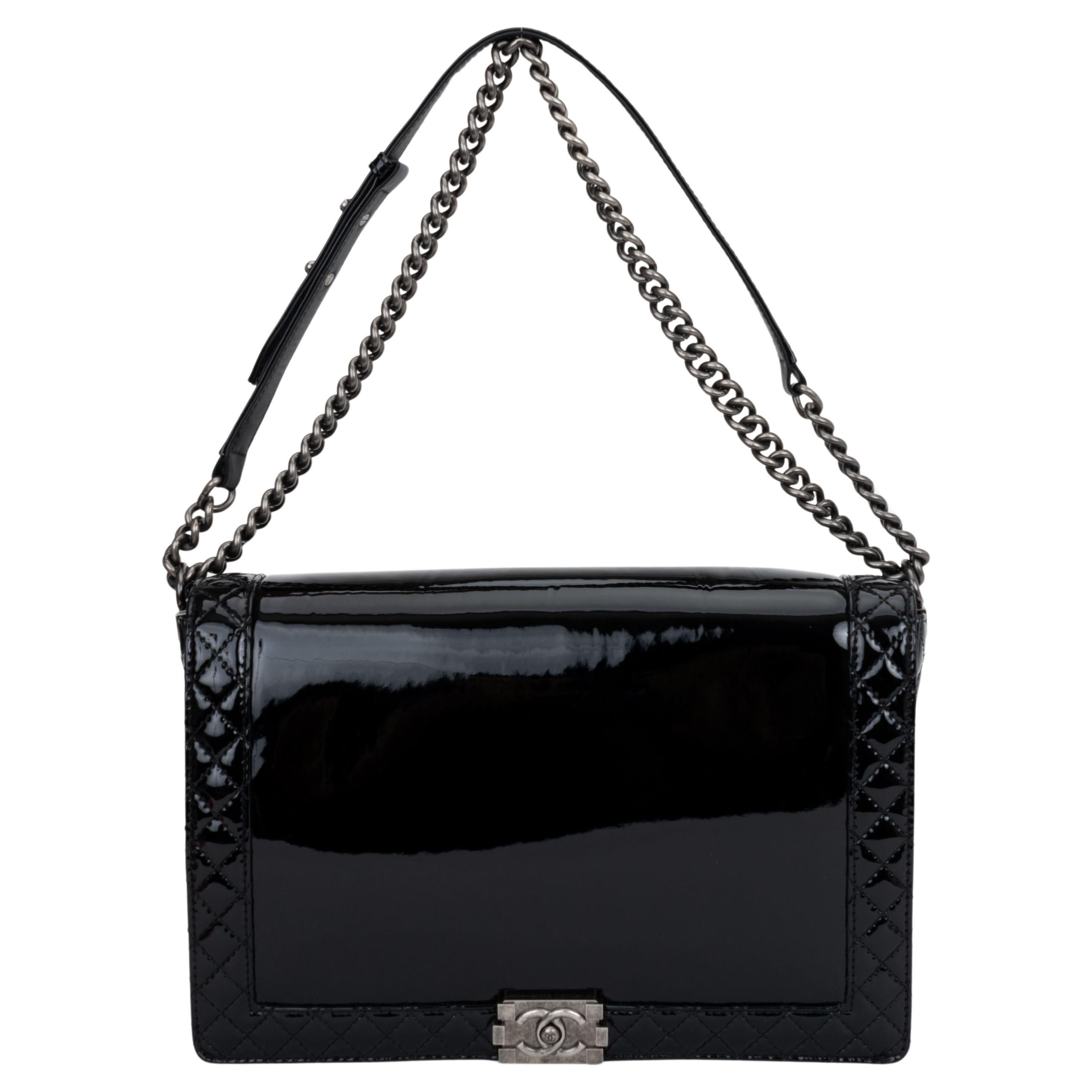 Chanel Black Patent Maxi Boy Bag For Sale