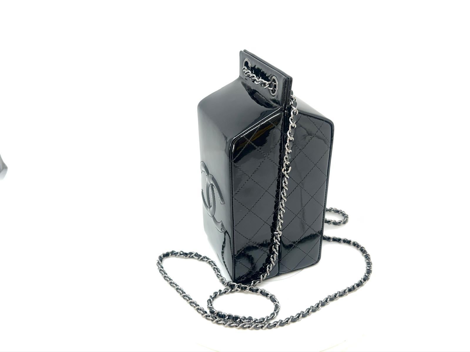 Chanel Black Patent Milk Carton Bag Silver Hardware Fall / Winter 2014 For Sale 7
