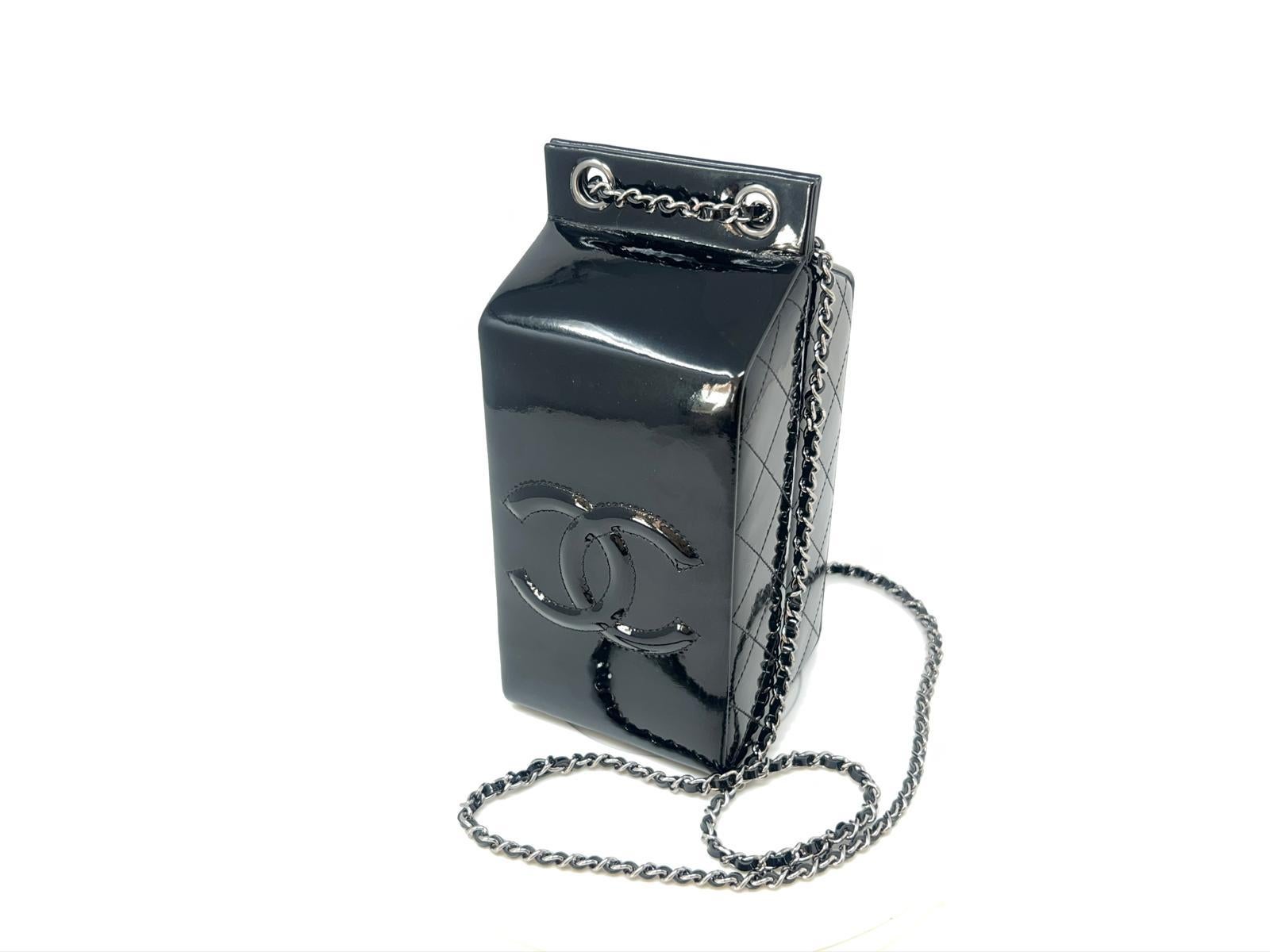 Chanel Black Patent Milk Carton Bag Silver Hardware Fall / Winter 2014 For Sale 8