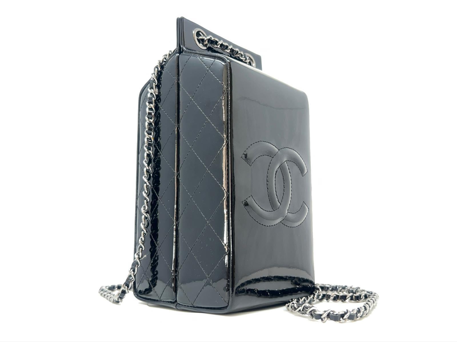 Chanel Black Patent Milk Carton Bag Silver Hardware Fall / Winter 2014 For Sale 9