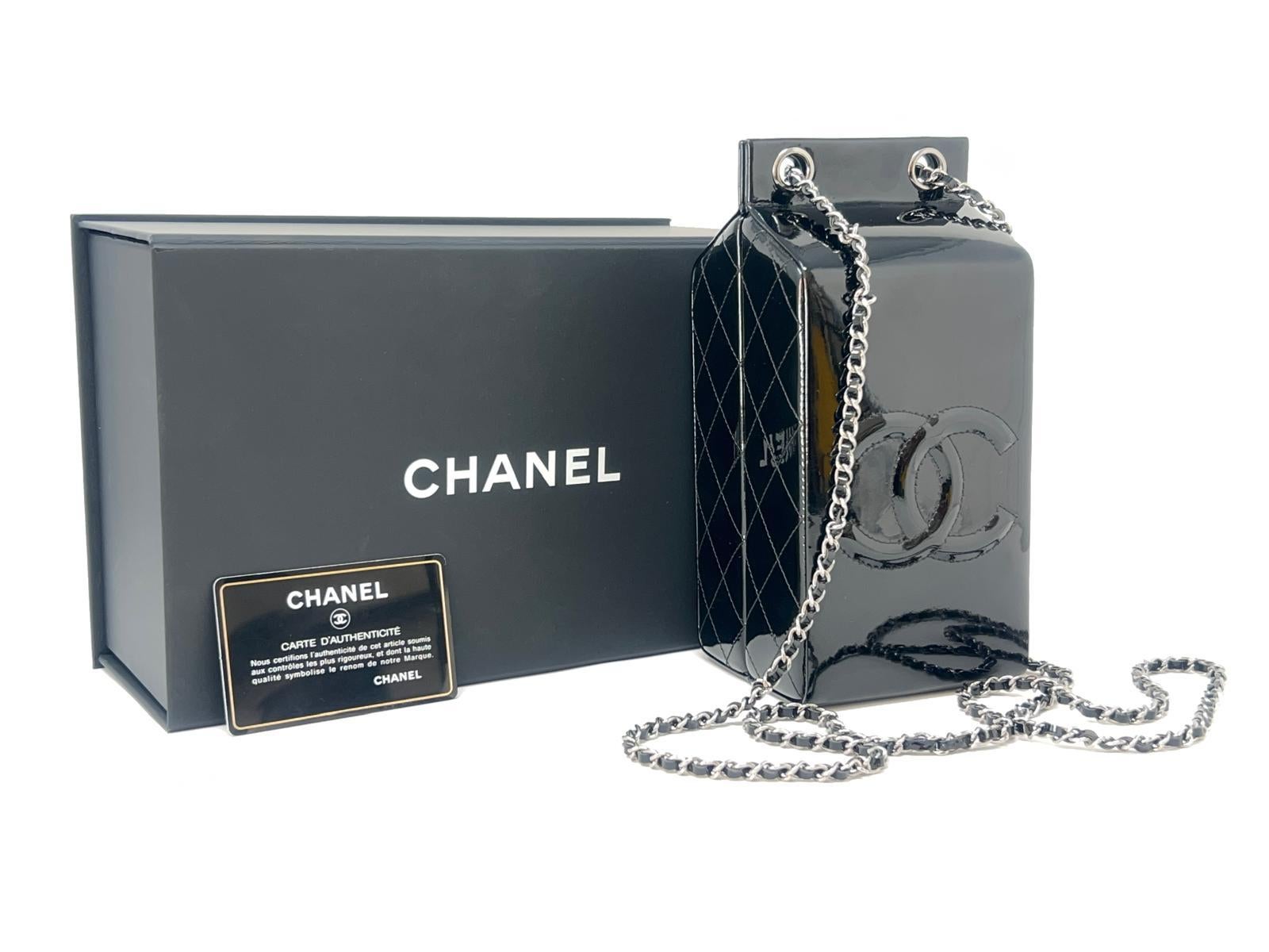 Chanel Black Patent Milk Carton Bag Silver Hardware Fall / Winter 2014 For Sale 12