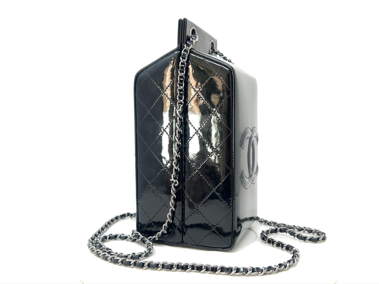 Chanel Black Patent Milk Carton Bag Silver Hardware Fall / Winter 2014 For Sale 1