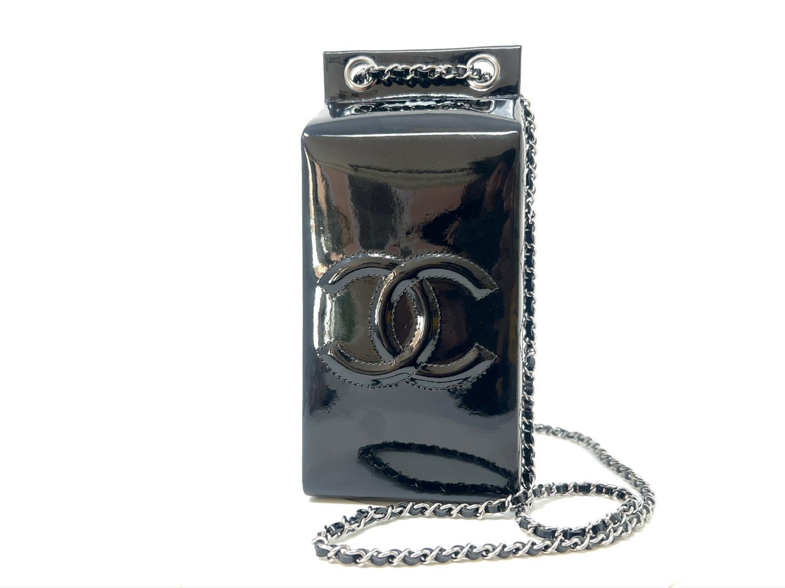 Chanel Black Patent Milk Carton Bag Silver Hardware Fall / Winter 2014 For Sale 2